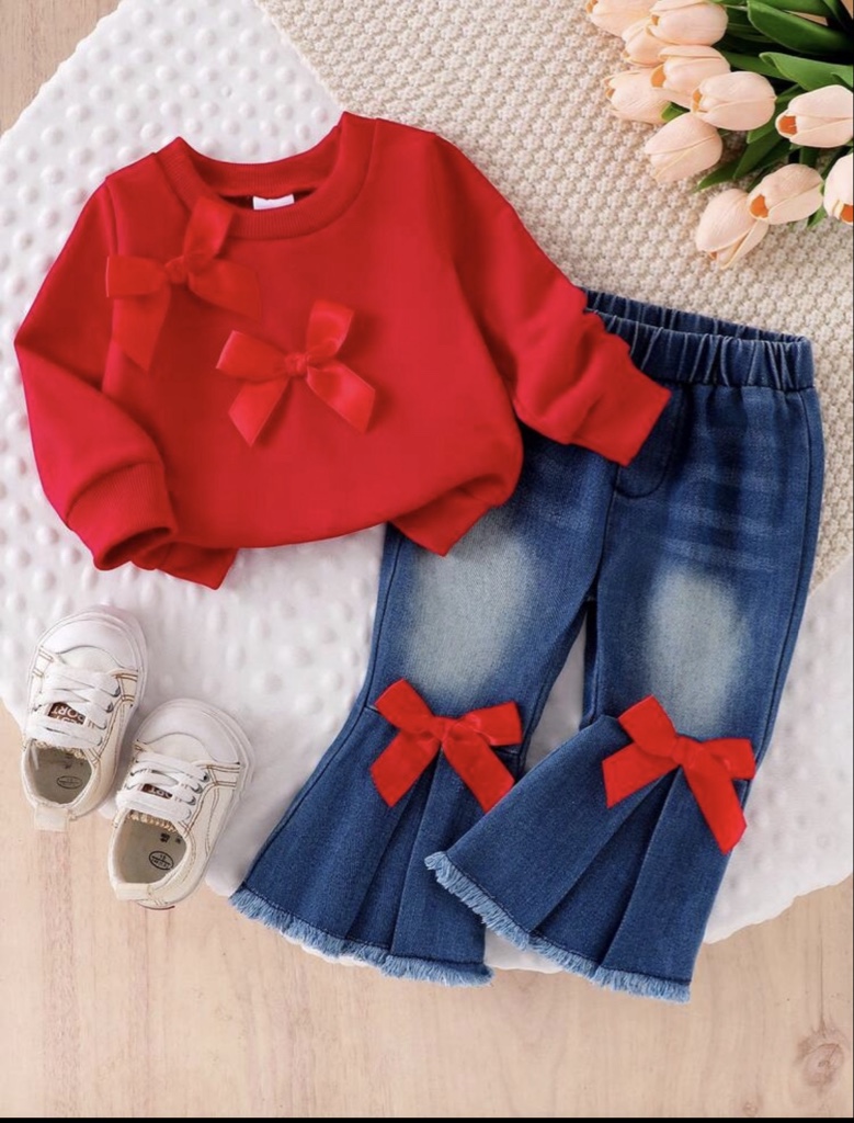 2 piezas Conjunto informal de moda para niña bebé: Sudadera de cuello redondo de manga larga con decoración de lazo 3D y pantalones vaqueros con pierna acampanada y decoración de lazo 3D
