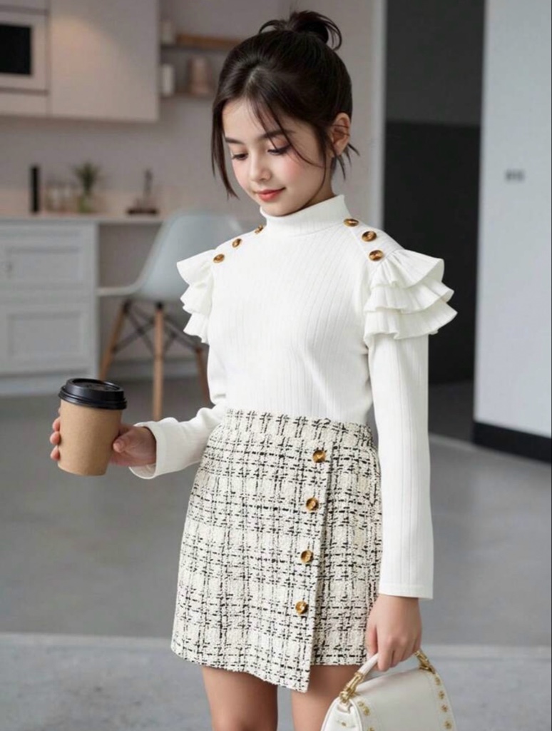 SHEIN Conjunto de 2 piezas de niña preadolescente con blusa de cuello mao con volantes y falda a cuadros, para otoño/invierno