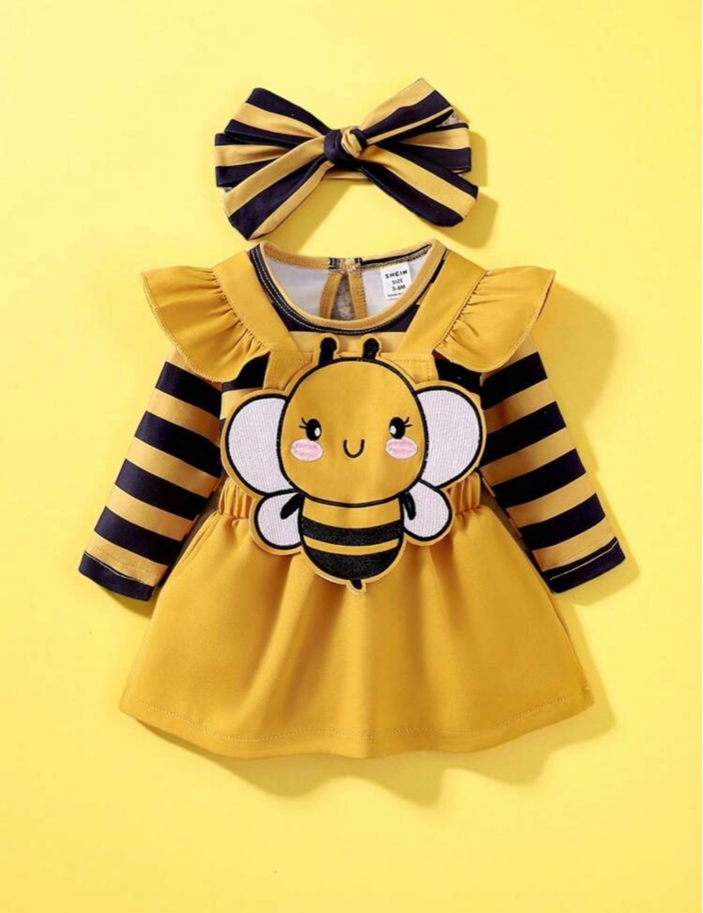 SHEIN Conjunto de peto con bordado de abeja + camiseta de manga larga a rayas para bebé niña