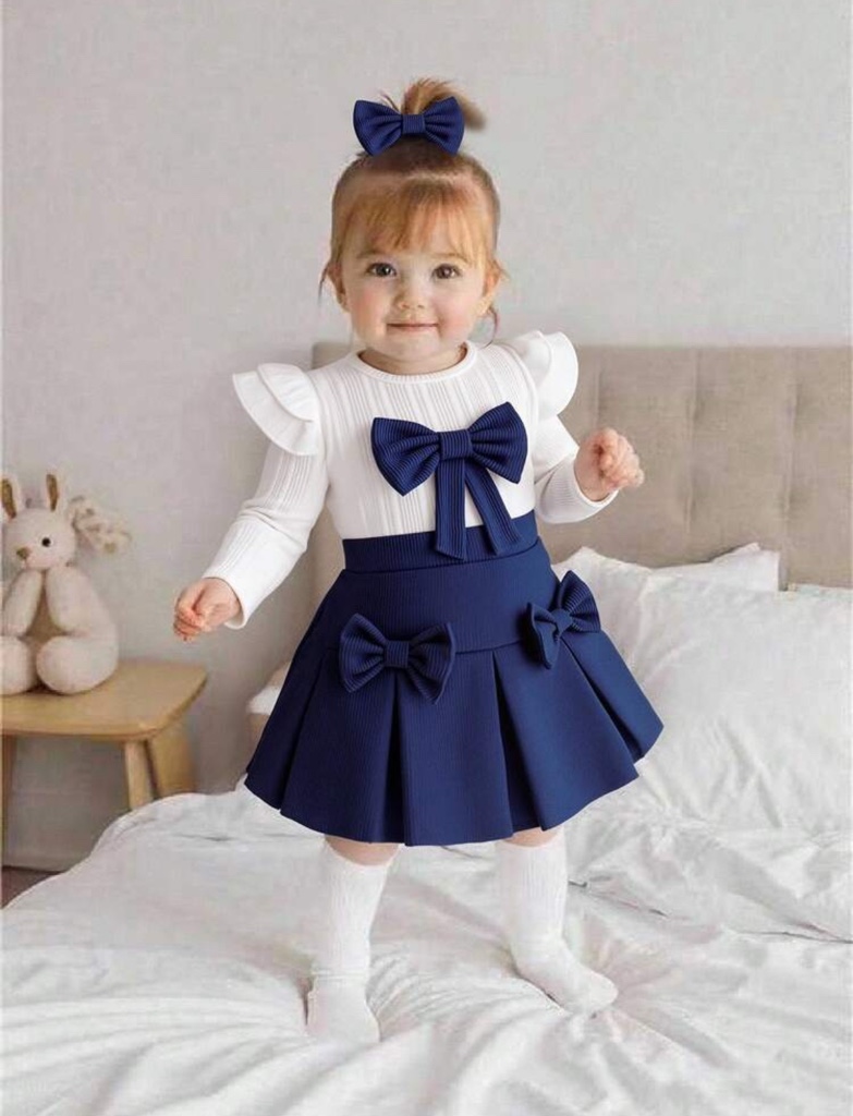 Este conjunto de dos piezas para bebé niña de SHEIN Playful Pals incluye una blusa blanca de punto con volantes y una falda azul marino plisada con detalles de lazos.