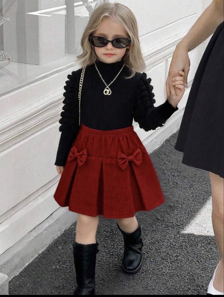 Elladie kids Set de 2 piezas de ropa casual para niñas: Blusa de manga larga abullonada en negro + Falda de pana caqui con lazo, estilo retro lindo, ajuste cómodo, adecuado para uso diario.