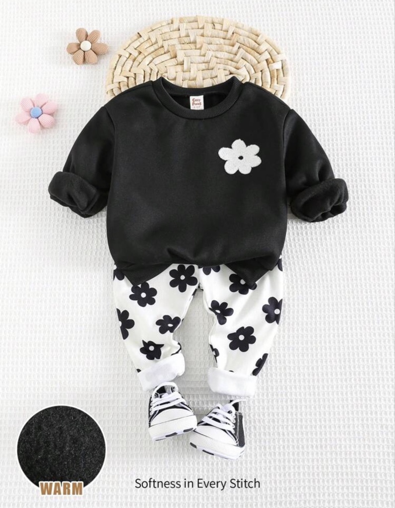 Cozy Pixies Conjunto de 2 piezas de sudadera de cuello redondo de manga larga y pantalón largo suave de punto con estampado floral para bebé niña
