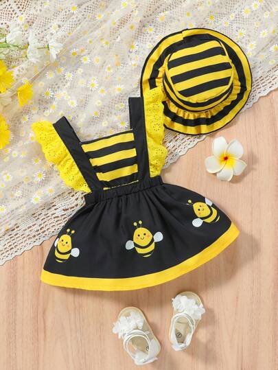 Conjunto De 2 Piezas Para Verano: Vestido Sin Mangas Con Estampado De Abeja Lindo Y Espalda De Encaje Con Botones Ajustables, Con Sombrero De Rayas Para Niñas Pequeñas