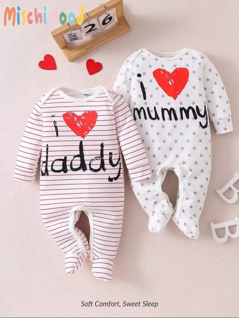 Juego de 1 piezas de pijama de una sola pieza y mono de manga larga con estampado de rayas, corazón y letra para recién nacidos minimalista