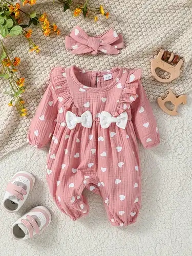 Mono Con Lazo Y Volante Con Estampado De Corazón Para Bebé Niña Con Diadema