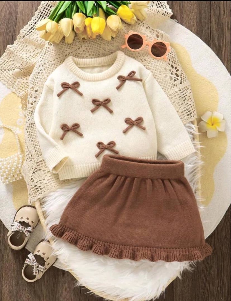 2 piezas Conjunto de suéter con lazo para niñas bebés: Parte superior de manga larga con cuello redondo + Falda con volantes en el bajo, Conjunto de bebé dulce y minimalista para otoño e invierno. Ropa de bebé niña de punto para otoño, Conjunto de suéter y falda para bebé niña, Ropa de bebé niña de punto para invierno, Conjunto de dos piezas de invierno para bebé niña, Conjunto cálido de dos piezas de punto para bebé