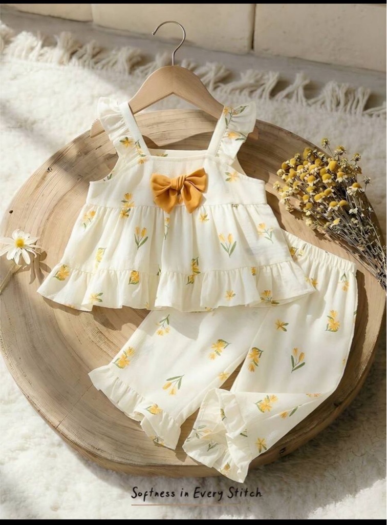 Este conjunto de dos piezas para bebé niña de presenta un diseño floral ditsy con un lazo decorativo.