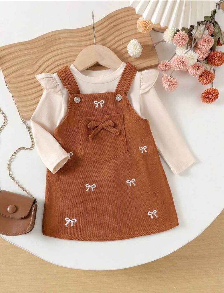 2 piezas para niña bebé con top de manga larga lindo y elegante y vestido con tirantes, delgado para primavera/otoño