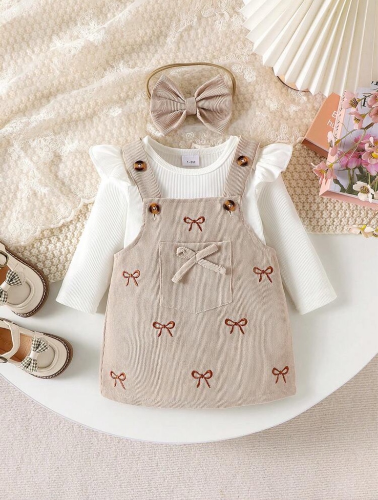 Conjunto de 2 piezas para bebé niña: body cómodo de manga larga y vestido tipo delantal bordado con diadema, ligero para primavera/otoño