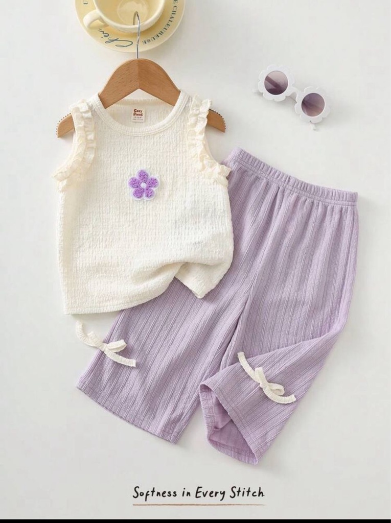 Cozy Pixies 2 piezas Conjunto de ropa para niña: Blusa sin mangas de punto texturizado blanco con decoración floral y pantalones anchos de cintura elástica con rayas moradas, adecuado para uso casual, diario, salidas, fiestas, vacaciones, juego, deportes, viajes, fotografía y talla grande ocasiones. Conjunto de verano morado para verano