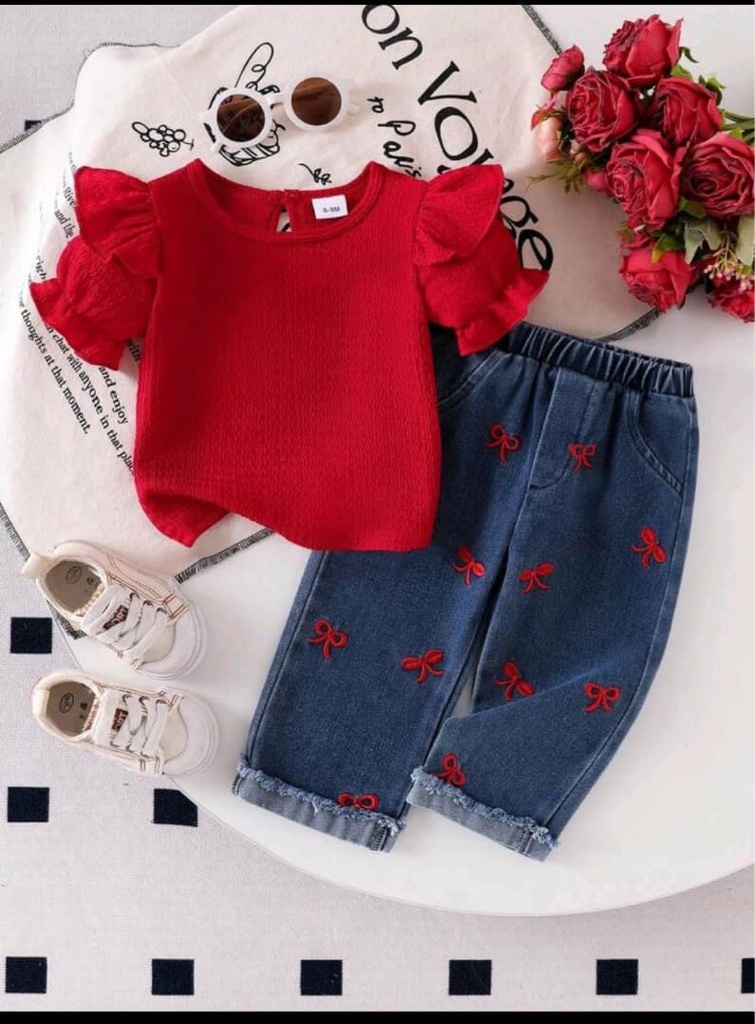 Set de 2 piezas con blusa de manga corta con volantes de unicolor y pantalones vaqueros largos con cintura elástica y bordado de moño para niña casual