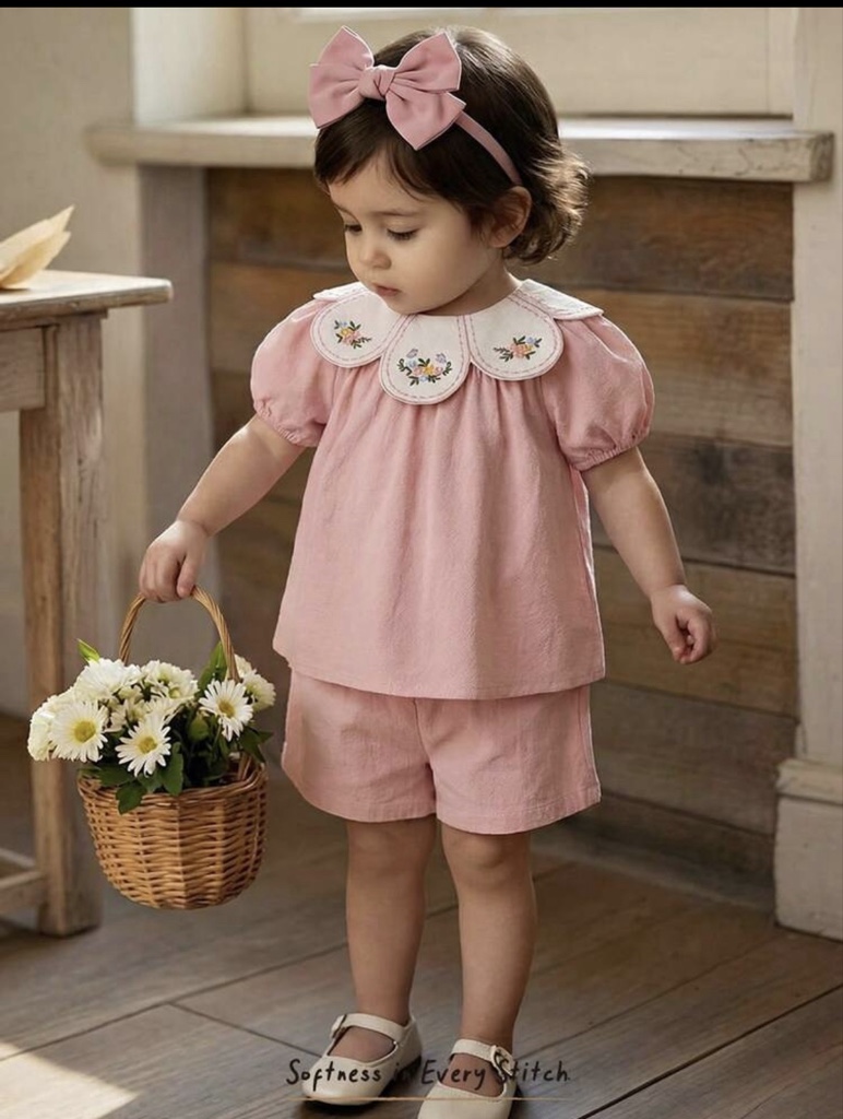 [75% Algodón,25% Viscosa] Cozy Pixies Conjunto de 2 piezas para bebé niña con estampado floral, cuello redondo, mangas abullonadas y ribete de volantes, top fruncido rosa lindo de verano estilo cóctel esplendor y bloomer