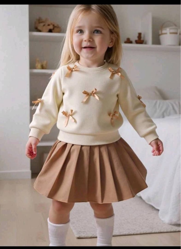 Conjunto de 2 piezas para niña de estilo casual y dulce, sudadera de manga larga amarilla con decoración de lazo melocotón y falda plisada marrón claro, adecuado para uso diario, escuela, sesiones de fotos, reuniones, ropa de niña para primavera/otoño. Falda plisada, falda caqui, otoño invierno