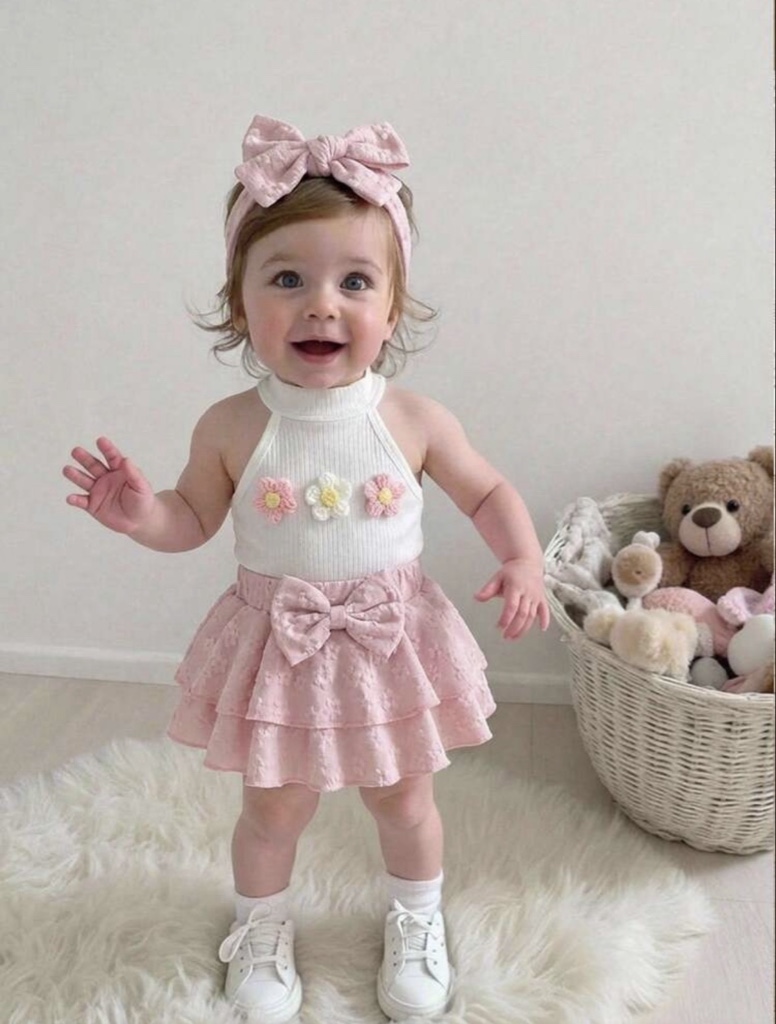SHEIN Conjunto de verano para niña con parte superior de halter con decoración floral 3D y falda con cintura elástica con lazo de jacquard y dobladillo de doble capa