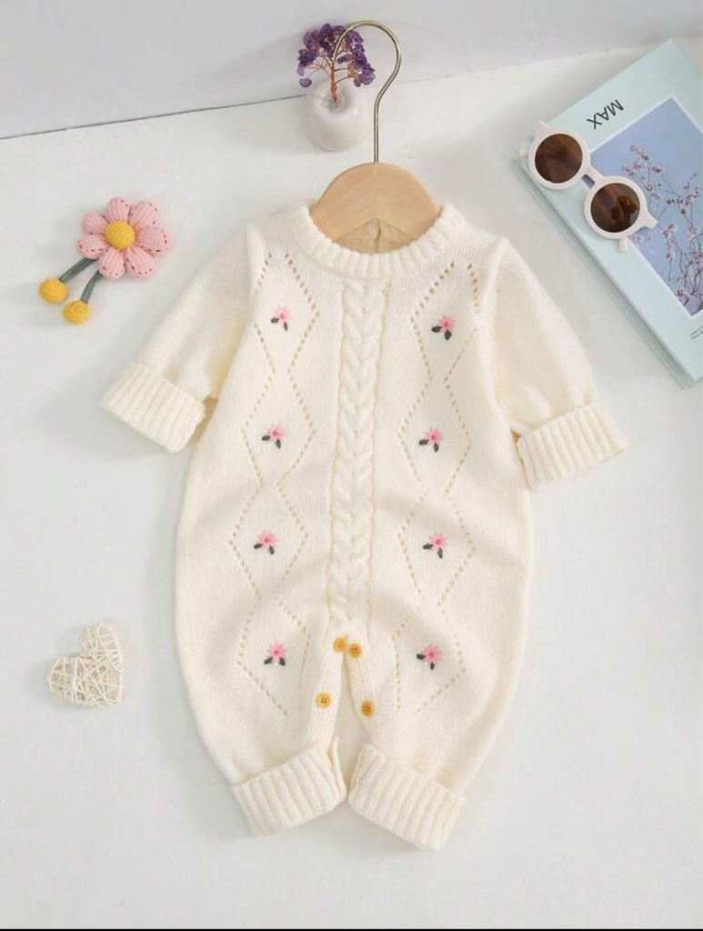 Mono de punto de manga larga bordado informal para bebé niña, otoño/invierno