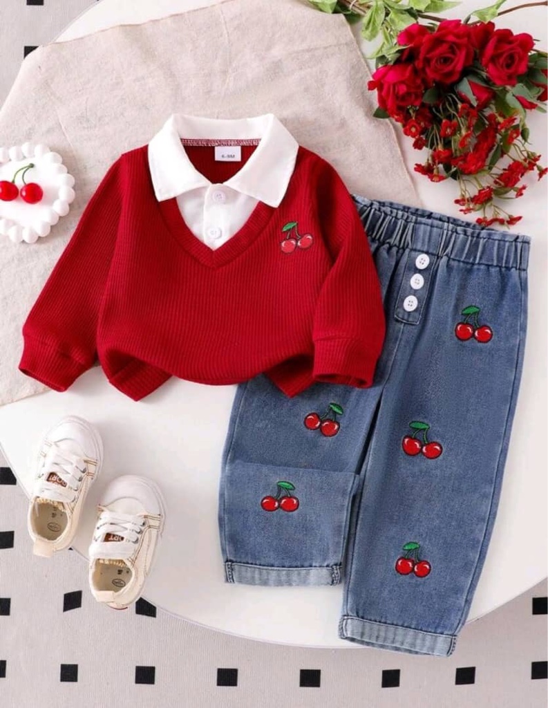 Conjunto de 2 piezas para niña bebé - Blusa de cuello camisa con bloqueo de color y bordado de cereza, y pantalones vaqueros de cintura alta con botones y bordado de cereza en los puños, de moda