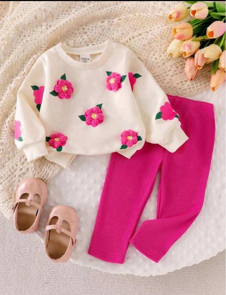 Conjunto informal y lindo de niña bebé, con sudadera con estampado floral 3D de ganchillo y leggings de punto, para otoño