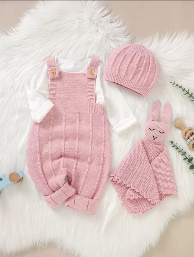 Mono De Punto Con Cruz En La Espalda, Gorro Y Toalla De Conejo Relajante Para Bebé Niña Sin Camiseta