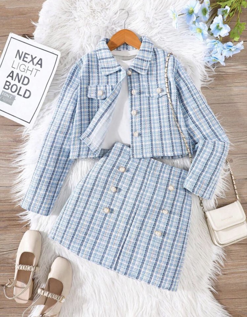 Set de 2 piezas Conjunto elegante para niñas, chaqueta y falda de tweed, decoración con botones de perlas sintéticas, adecuado para primavera y otoño
