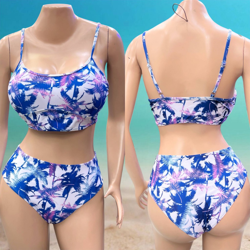 Talla M, estampado palmeras azul/lila