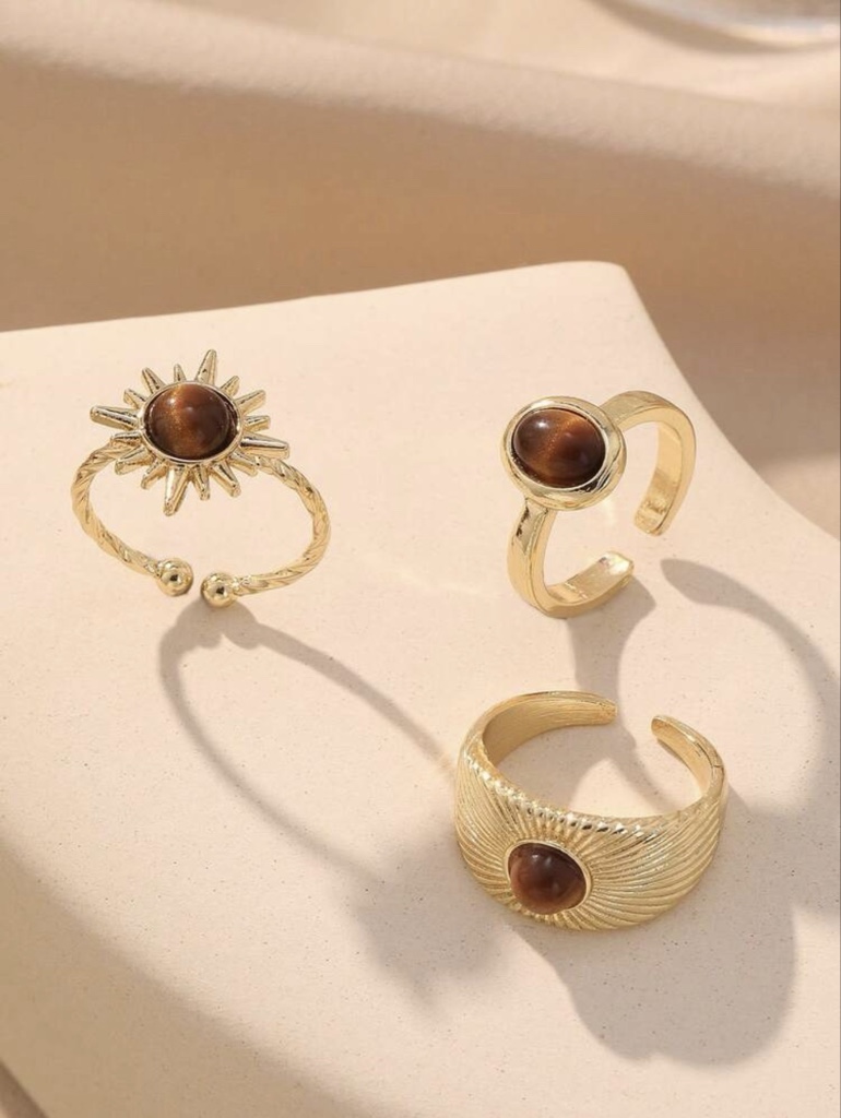 Set de 3 anillos vintage en color café con diseño de girasol