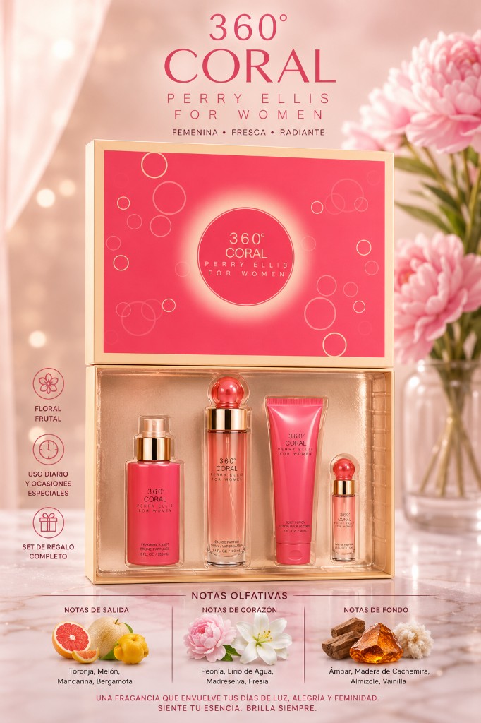 Set Perry Ellis 360 Coral 4 piezas