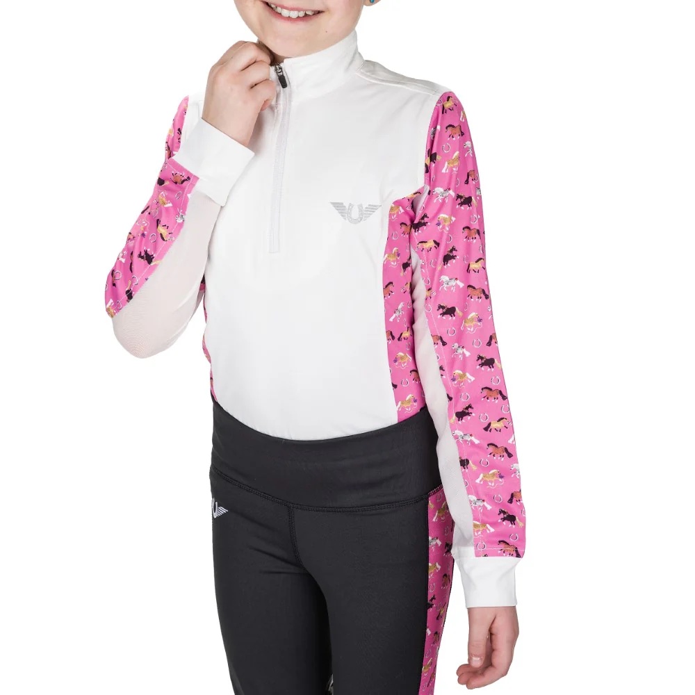 Camisa niña Tuffrider Puff pony .  Blanco Rosa