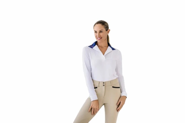 Camisa Dama Bib Show OV manga larga . Blanco  mosaic floral