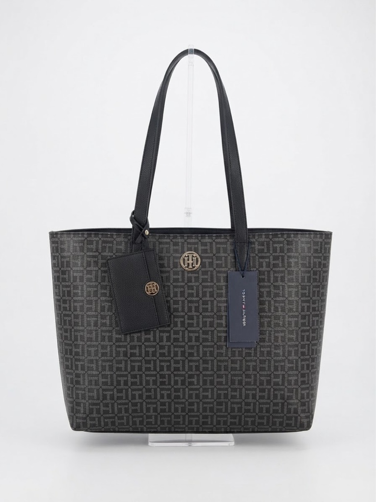 Bolso Tote Bag Tommy Hilfiger Negro Con Gris Incluye Tarjetero