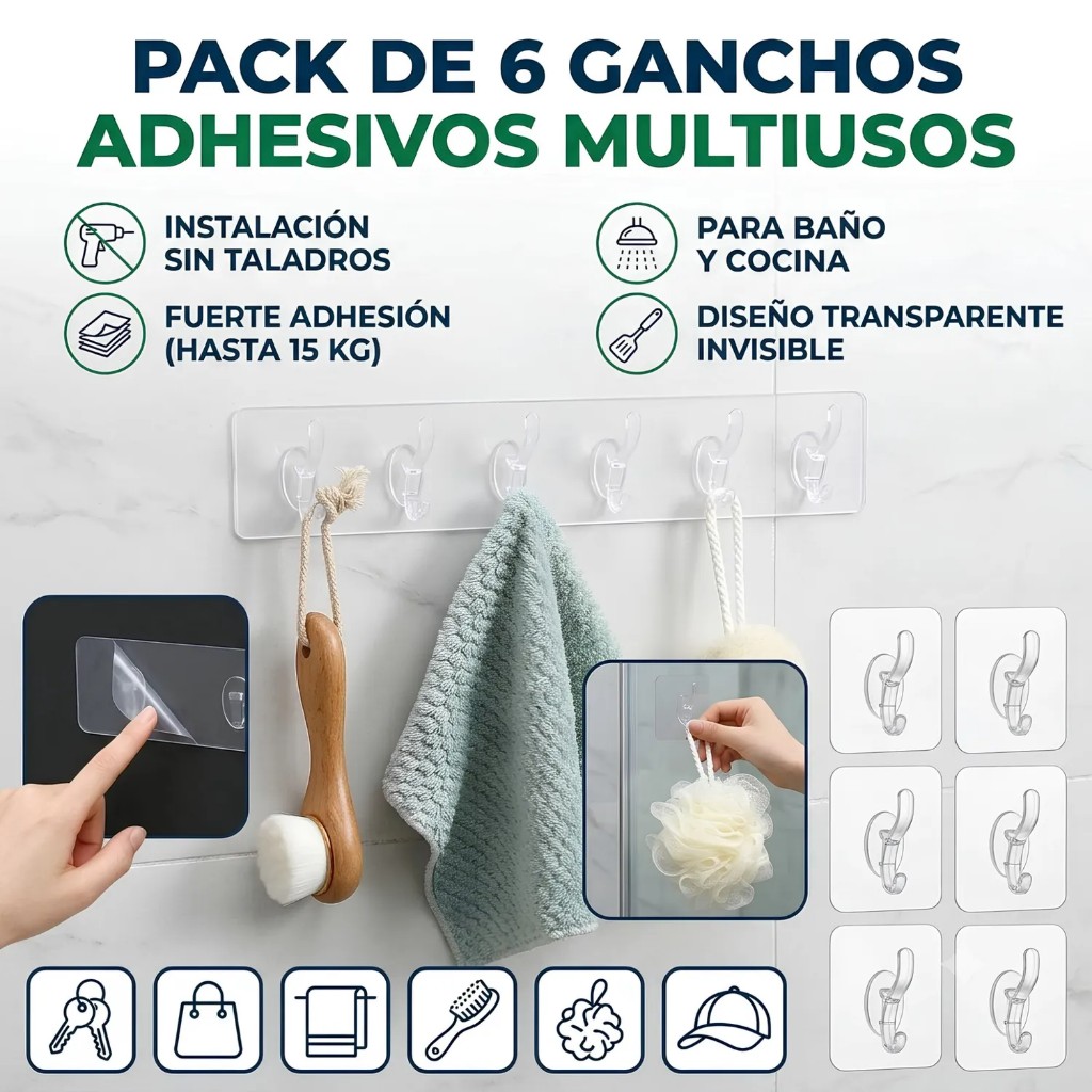Pack x 6 Gancho adhesivo transparente