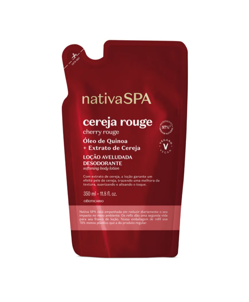 REFIL LOCAO DES AVELUDADO CP CEREJA ROUGE 350ML NATIVA SPA