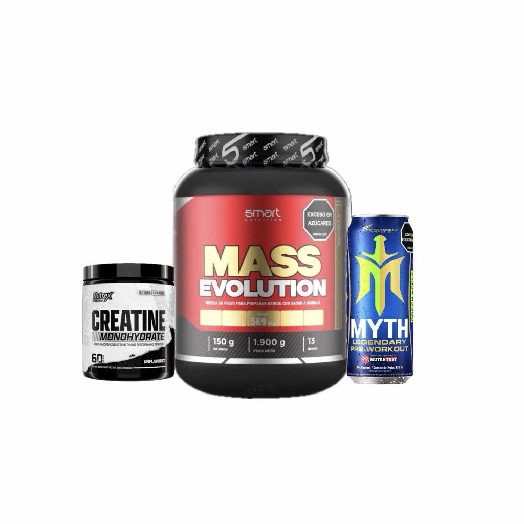 Combo Mass evolution 4lb + Creatina Nutrex 60 serv + Lata de Myth gratis