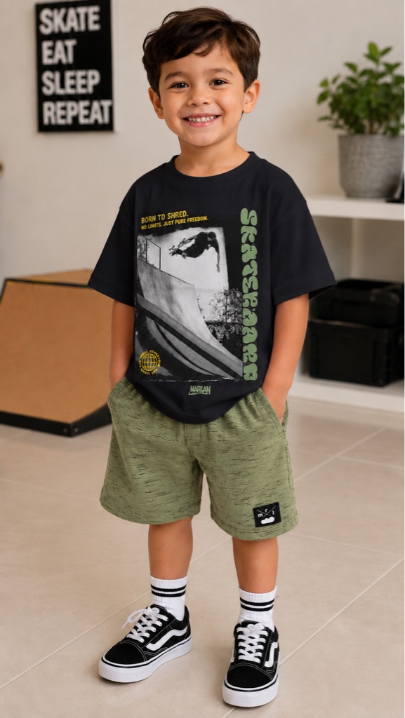 Conjunto infantil skate preto e verde