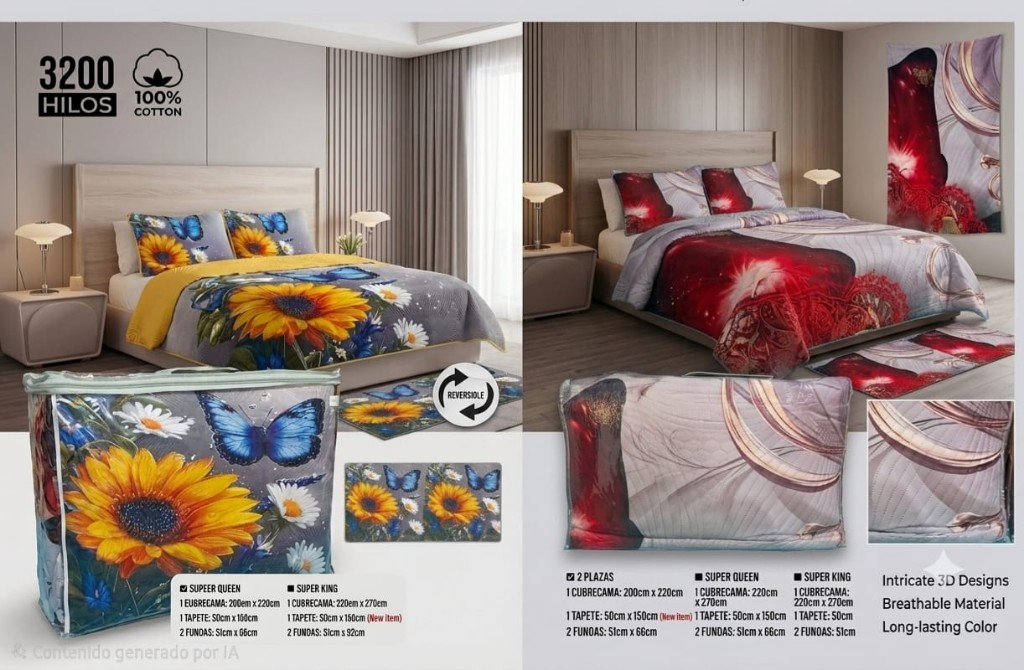 Cubre cama reversible con tapete, 4 piezas. 2x220