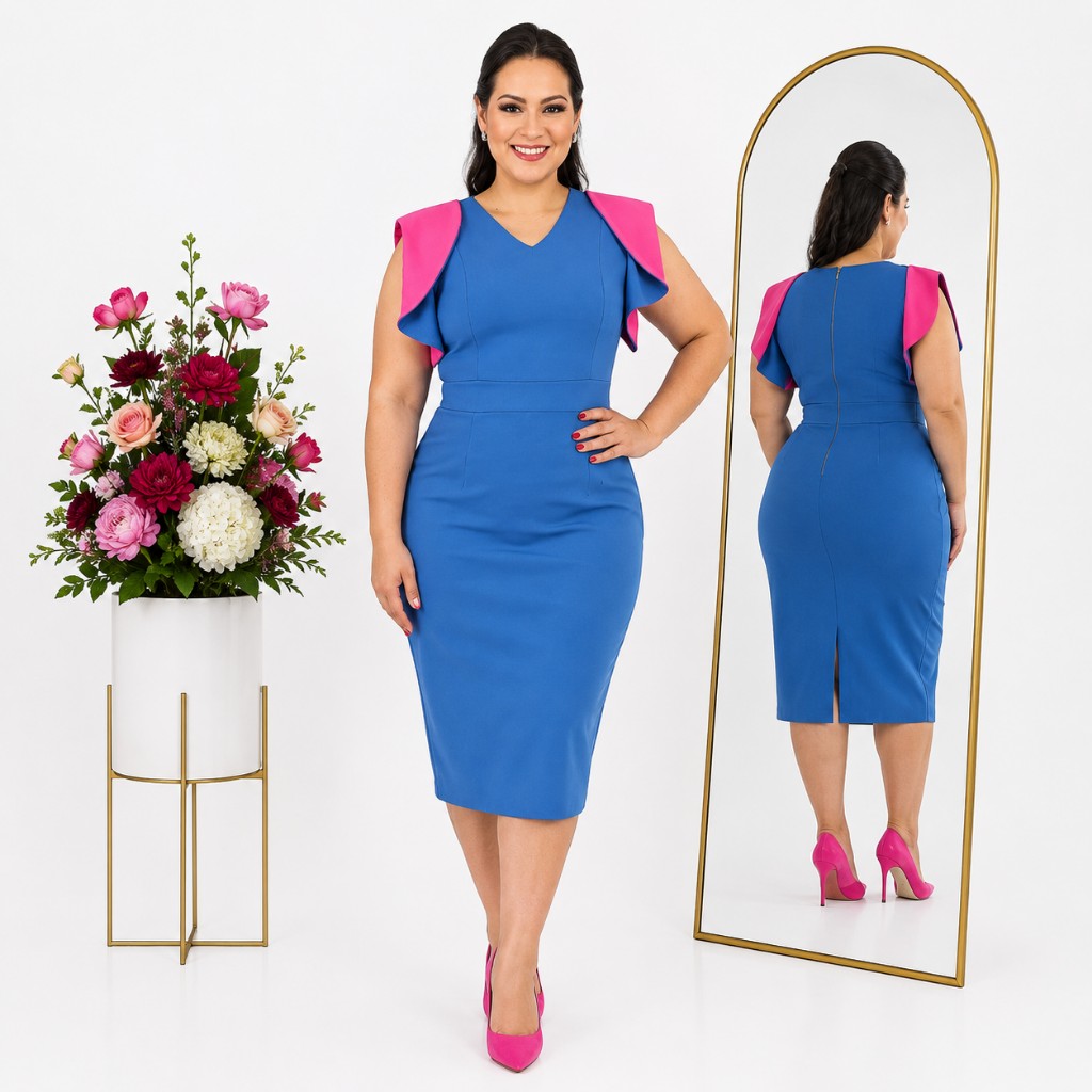 Vestido Azul Manga Fuscia
