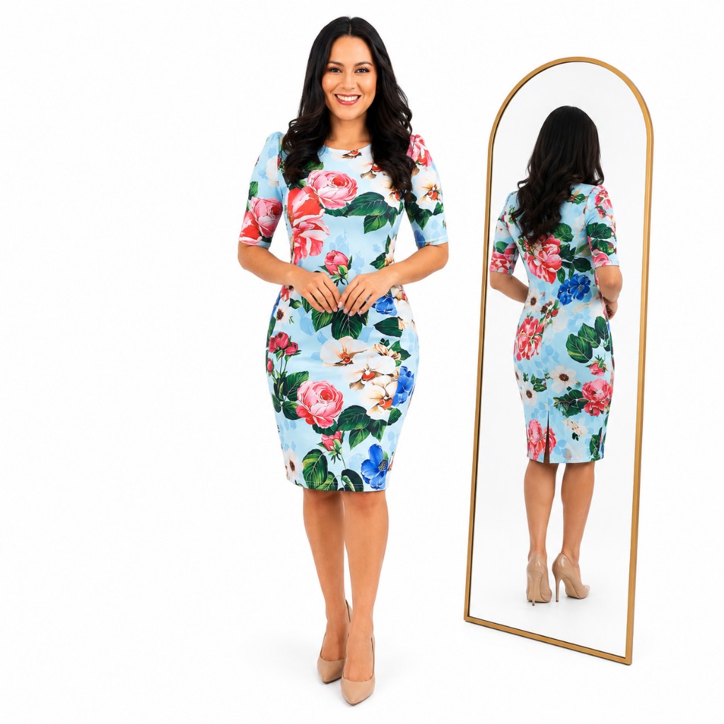 Vestido Celeste Floral Cuello Redondo