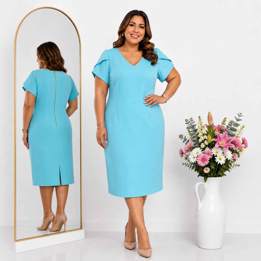 Vestido Celeste Manga Tulipan