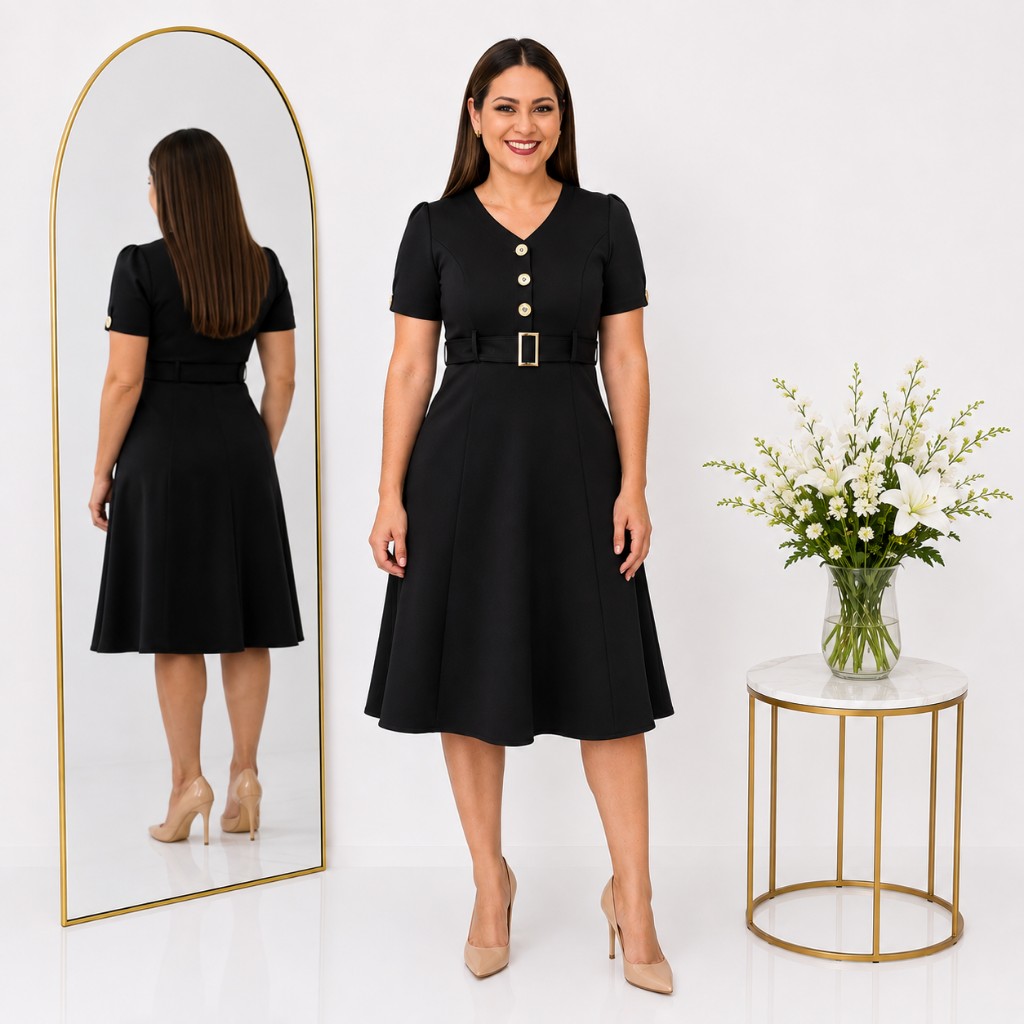 Vestido Negro Linea A Cuello V