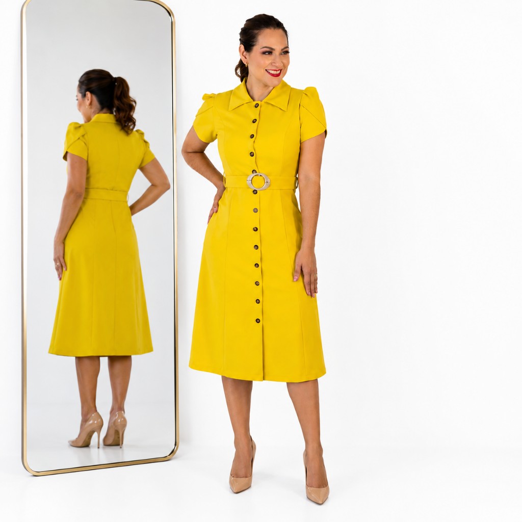 Vestido Amarillo Lima Con Botones