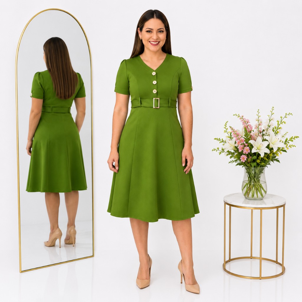Vestido Oliva Linea A Cuello V
