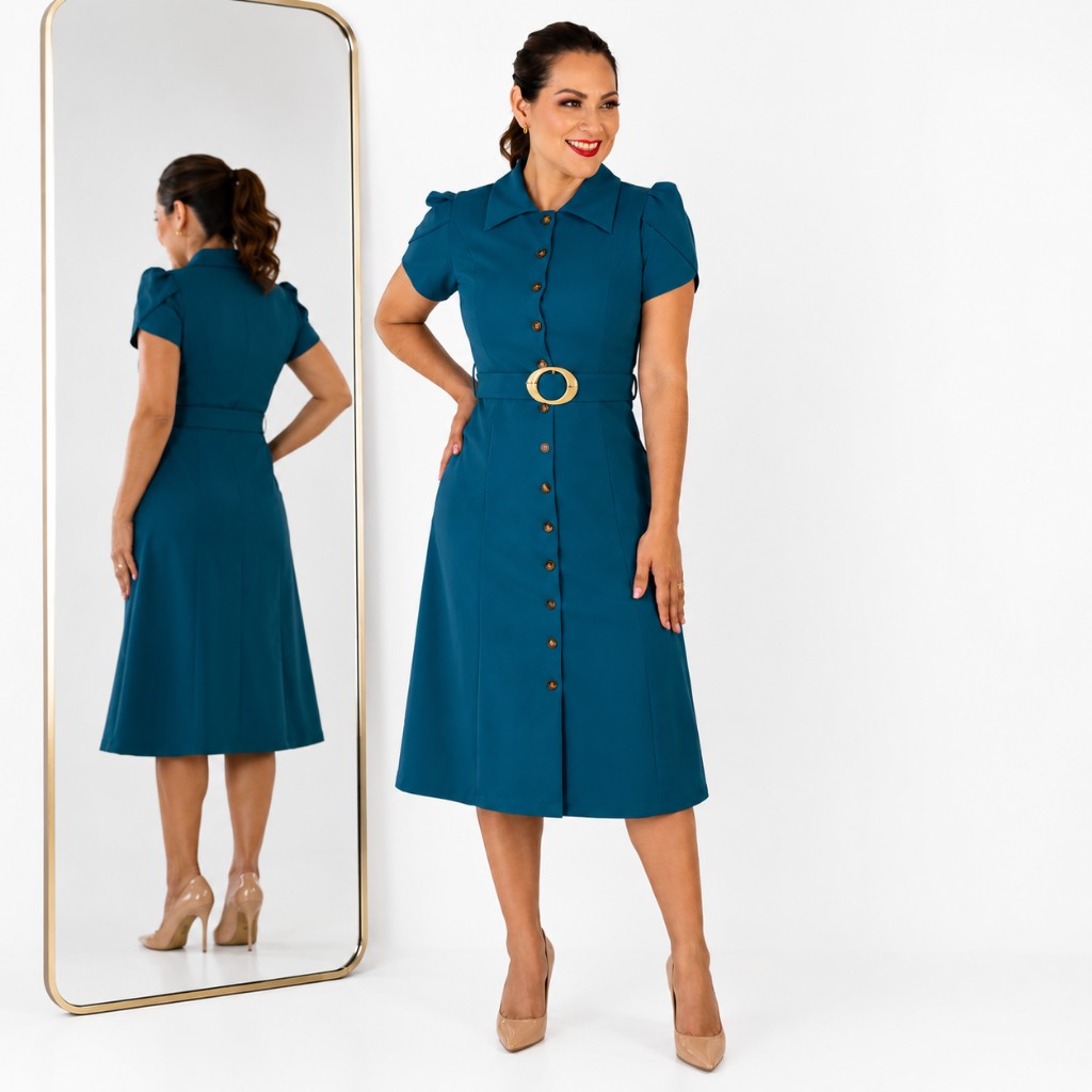 Vestido Azul Petróleo Con Botones