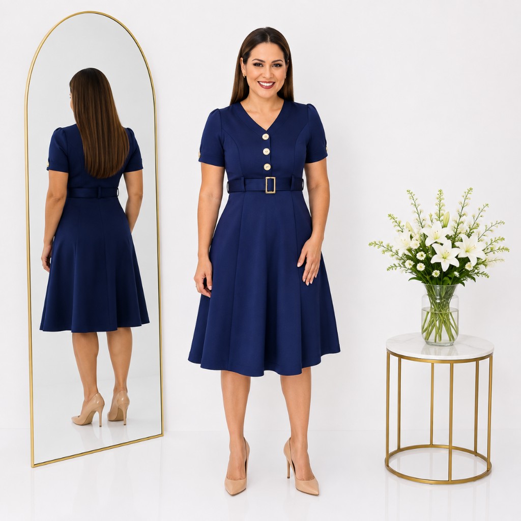 Vestido Azul Marino Linea A Cuello V