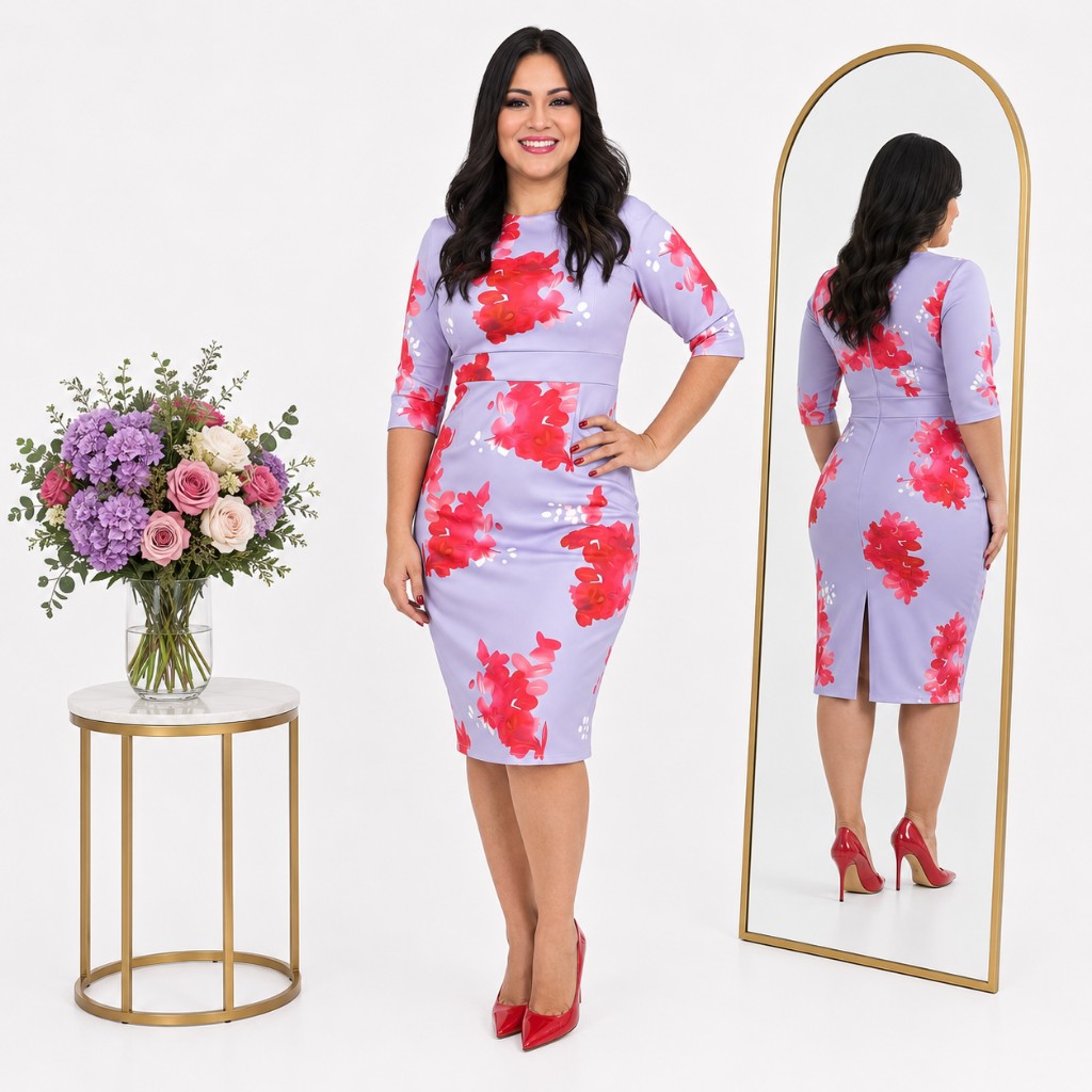 Vestido Lila Estampado Manga 3/4