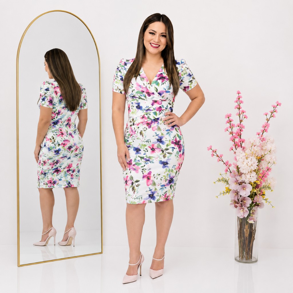 Vestido Floral Blanco Cuello V