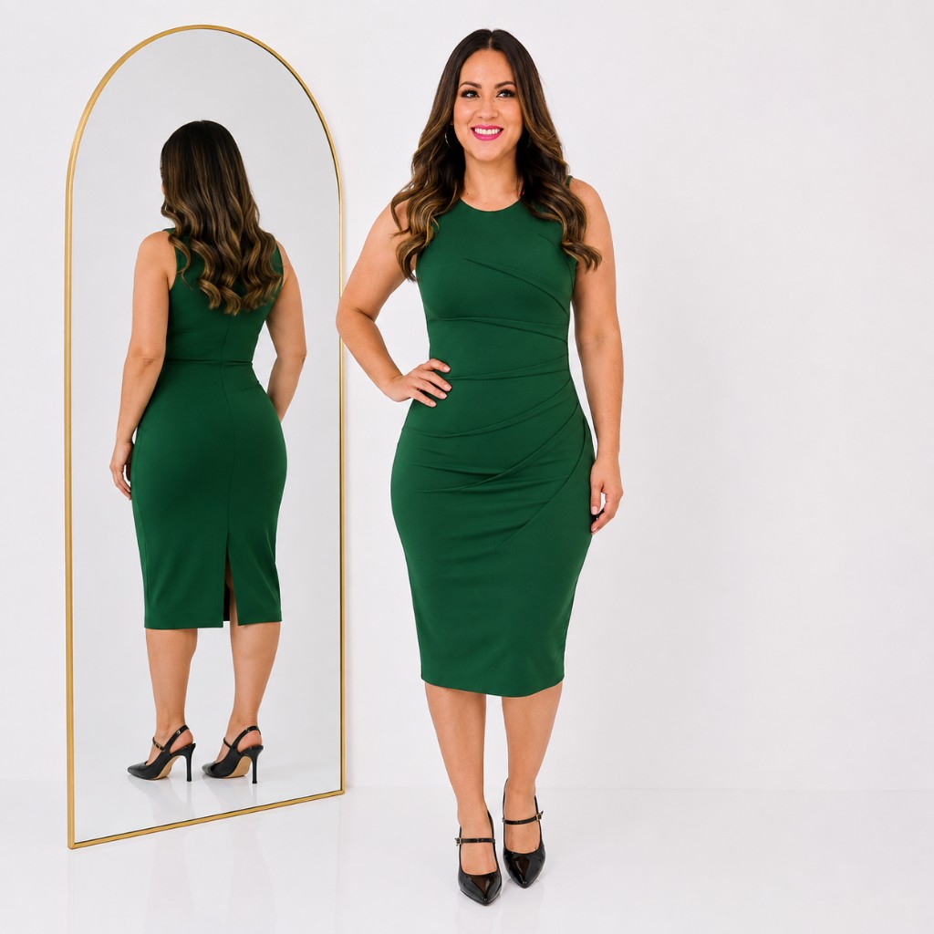 Vestido Drapeado Verde Recto