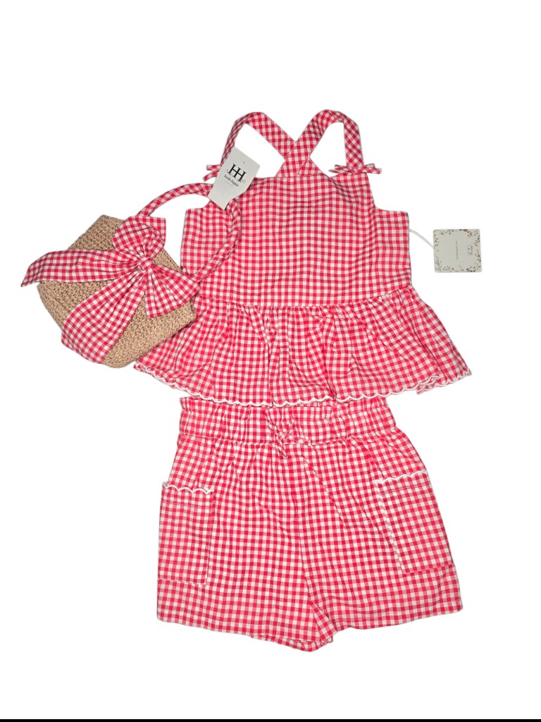 conjunto cuadros Rojo short con bolsito talla 7/8
