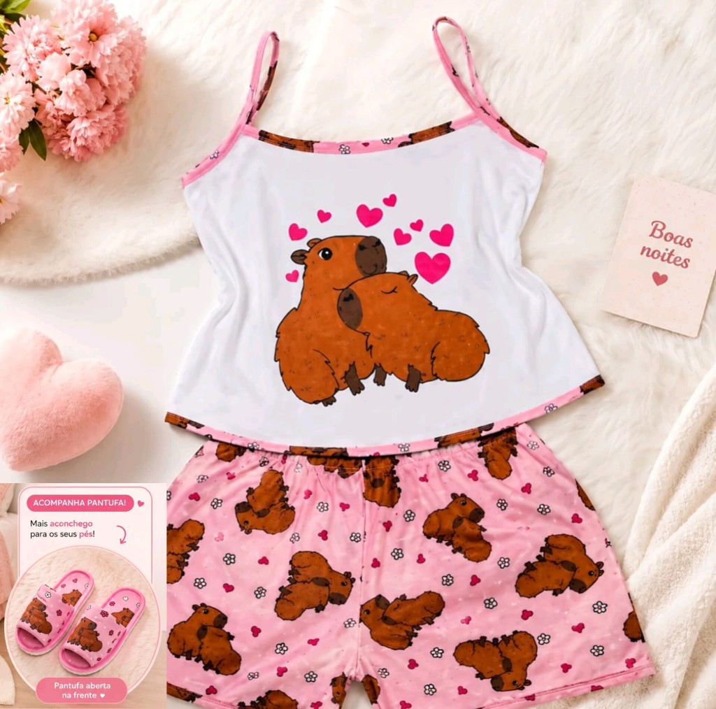 Pijama e pantufa capivara rosa