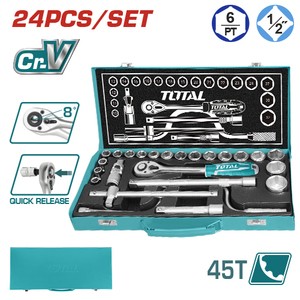 CAJA METÁLICA CON LLAVE CRIQUET (CARRACA), LLAVES TUBO Y ACCESORIOS 1/2 (24 PZS) - CRV - TOTAL