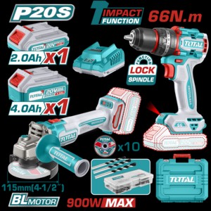 KIT TALADRO PERCUTOR 66NM Y AMOLADORA 115MM (1000WMAX) A BATERIA 20V BL - 2BAT/CAR - TCKLI20273 - TOTAL