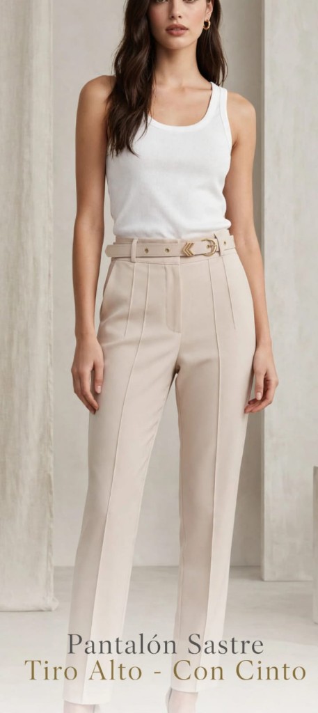 Pantalón sastre beige tiro alto con cinto